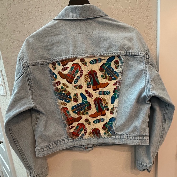 Upcycled Jackets & Blazers - Blue Jean Demin Jacket with Colorful Boot Print Size Large